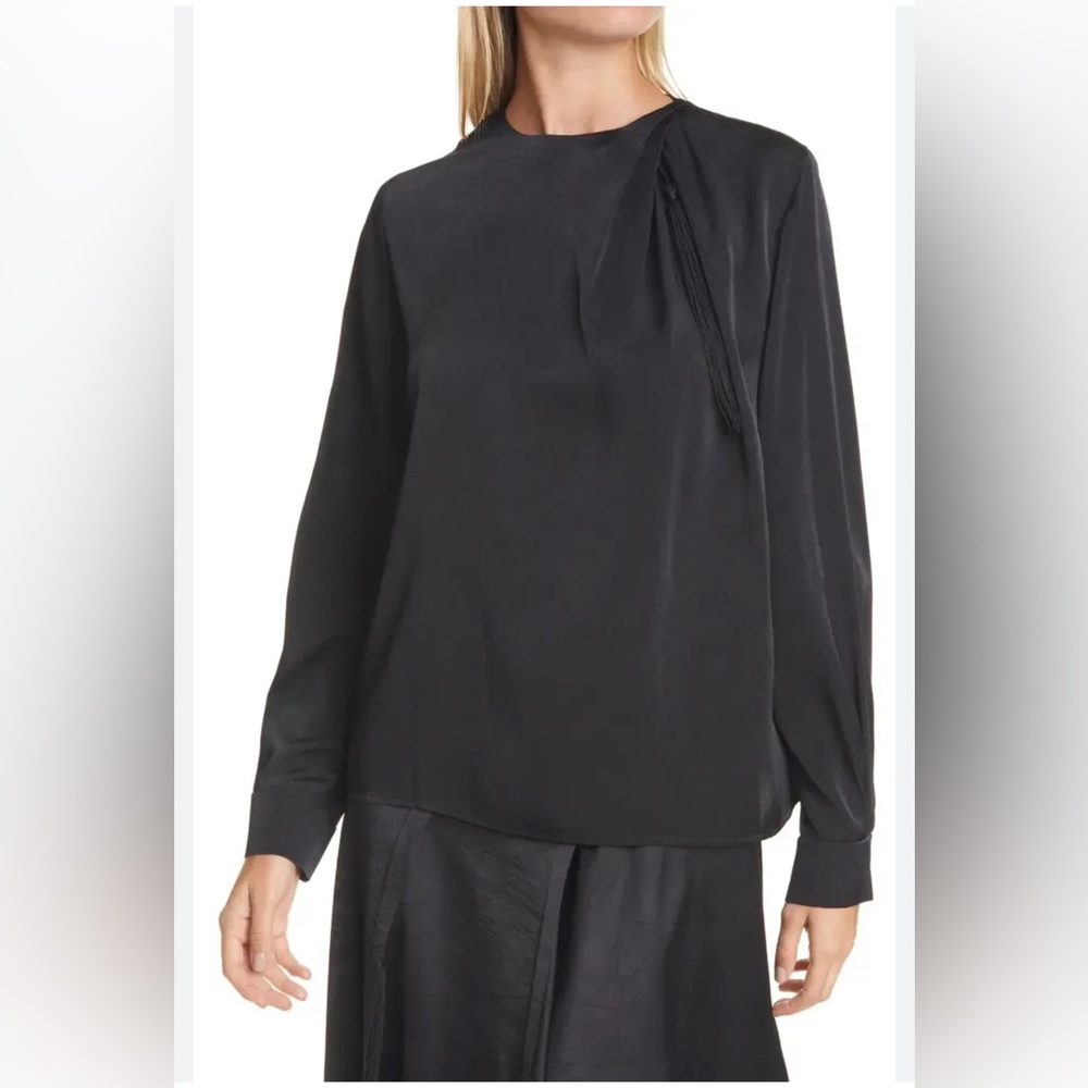 Vince Womens Blouse Black Satin Draped Tassel Long Sleeve